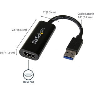 StarTech.com USB 3.0 to HDMI Adapter, 1080p Slim USB to HDMI Display Adapter Converter for Monitor, External Graphics Card, Windows Only - 1 Pack - 1 x 9-pin Type A USB 3.0 USB Male - 1 x 19-pin HDMI Digital Audio/Video Female - 1920 x 1200 Supported - Bl IM2560947