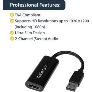 StarTech.com USB 3.0 to HDMI Adapter, 1080p Slim USB to HDMI Display Adapter Converter for Monitor, External Graphics Card, Windows Only - 1 Pack - 1 x 9-pin Type A USB 3.0 USB Male - 1 x 19-pin HDMI Digital Audio/Video Female - 1920 x 1200 Supported - Bl IM2560947