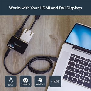 StarTech.com USB 3.0 to HDMIÂ® and DVI Dual Monitor External Video Card Adapter - 1 Pack - 1 x 9-pin Type B USB 3.0 USB Male - 1 x 29-pin DVI-I Video Female, 1 x 19-pin HDMI Digital Audio/Video Female - 2048 x 1152 Supported - Black - TAA Compliant IM2086146