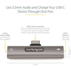 StarTech.com USB C Audio & Charge Adapter, USB-C Audio Adapter with 3.5mm Headset Jack and USB Type-C PD Charging, For USB-C Phone/Tablet - 1 x 24-pin USB Type C Powered USB Male - 1 x 24-pin USB Type C Powered USB Female, 1 x Mini-phone Audio Female - Si IM5231873