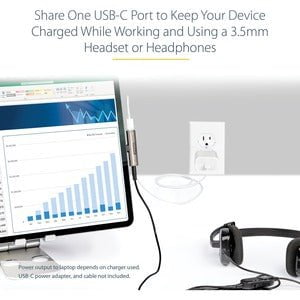 StarTech.com USB C Audio & Charge Adapter, USB-C Audio Adapter with 3.5mm Headset Jack and USB Type-C PD Charging, For USB-C Phone/Tablet - 1 x 24-pin USB Type C Powered USB Male - 1 x 24-pin USB Type C Powered USB Female, 1 x Mini-phone Audio Female - Si IM5231873