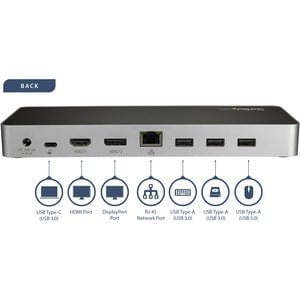 StarTech.com USB C Dock - 4K Dual Monitor HDMI & DisplayPort USB Type-C Docking Station - 60W Power Delivery, SD, 4-port USB 3.0 Hub, GbE - 5 x USB Ports - 5 x USB 3.0 - USB Type-C - Network (RJ-45) - HDMI - DisplayPort - Audio Line Out - Microphone - Thu IM4200226