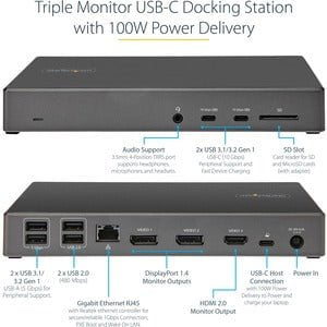 StarTech.com USB C Dock, Triple 4K Monitor USB-C Docking Station with DP 1.4 & DSC, 2x DisplayPort & 1x HDMI, 100W PD, 6x USB (2x 10Gbps) - USB-C docking station 10Gbps - Dual or Triple Monitor MST USB C Dock 4K 60Hz (2x DisplayPort and 1x HDMI) DP 1.4 Al IM5319117