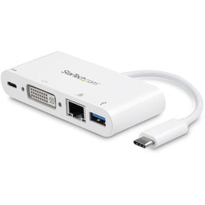 StarTech.com USB-C Multiport Adapter for Laptops - Power Delivery - DVI - GbE - USB 3.0 - for Notebook - 60 W - USB Type C - 1 Displays Supported - 1920 x 1200 - 2 x USB Ports - 2 x USB 3.0 - USB Type-A - USB Type-C - Network (RJ-45) - DVI - White - Thund IM3657876