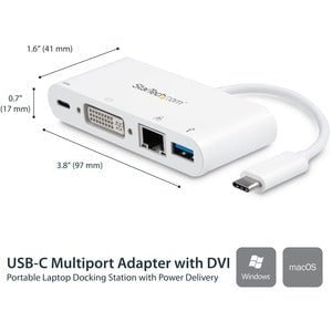 StarTech.com USB-C Multiport Adapter for Laptops - Power Delivery - DVI - GbE - USB 3.0 - for Notebook - 60 W - USB Type C - 1 Displays Supported - 1920 x 1200 - 2 x USB Ports - 2 x USB 3.0 - USB Type-A - USB Type-C - Network (RJ-45) - DVI - White - Thund IM3657876
