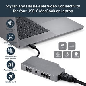 StarTech.com USB C Multiport Video Adapter 4K/1080p - USB Type C to HDMI, VGA, DVI or Mini DisplayPort Monitor Adapter - Space Gray - 1 Pack - 1 x 24-pin Type C USB Male - 1 x 25-pin DVI-D Digital Video Female, 1 x 19-pin HDMI Digital Audio/Video Female, IM4256416
