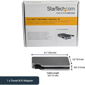 StarTech.com USB C Multiport Video Adapter 4K/1080p - USB Type C to HDMI, VGA, DVI or Mini DisplayPort Monitor Adapter - Space Gray - 1 Pack - 1 x 24-pin Type C USB Male - 1 x 25-pin DVI-D Digital Video Female, 1 x 19-pin HDMI Digital Audio/Video Female, IM4256416