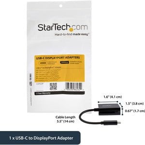StarTech.com USB C to DisplayPort Adapter 4K 60Hz - USB Type-C to DP 1.4 Monitor Video Converter (DP Alt Mode) - Thunderbolt 3 Compatible - 1 Pack - 1 x 24-pin USB Type C - Male - 1 x 20-pin DisplayPort 1.4 Digital Audio/Video - Female - Black IM3587613