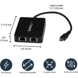StarTech.com USB-C to Dual Gigabit Ethernet Adapter with USB (Type-A) Port - USB Type C ASIX - AX88179 - 2 Port(s) - 2 - Twisted Pair - 10/100/1000Base-T - Desktop IM3389657