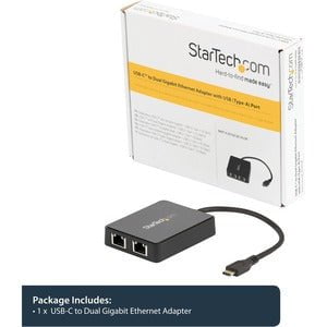 StarTech.com USB-C to Dual Gigabit Ethernet Adapter with USB (Type-A) Port - USB Type C ASIX - AX88179 - 2 Port(s) - 2 - Twisted Pair - 10/100/1000Base-T - Desktop IM3389657