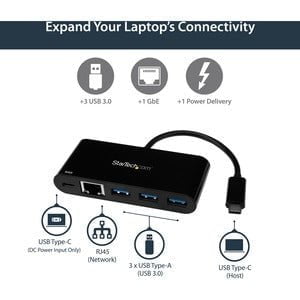 StarTech.com USB-C to Ethernet Adapter with 3-Port USB 3.0 Hub and Power Delivery - Connect to a GbE network and add 3 USB-A ports and Power Delivery charging through your laptop's USB-C port - USB C Ethernet Adapter - USB C to LAN Adapter - Ideal for Mac IM3638667