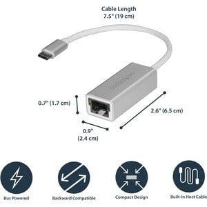 StarTech.com USB-C to Gigabit Ethernet Adapter - Aluminum - Thunderbolt 3 Port Compatible - USB Type C Network Adapter - USB 3.1 - 640 MB/s Data Transfer Rate - Realtek RTL8153 - 1 Port(s) - 1 - Twisted Pair - 10/100/1000Base-T - Desktop IM3237741