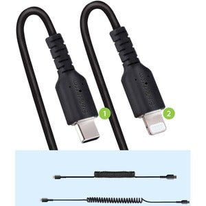 StarTech.com USB C to Lightning Cable 50cm / 20in, MFi Certified, Coiled iPhone Charger Cable, Black, TPE Jacket Aramid Fiber - 50 cm Lightning/USB-C Data Transfer Cable for Mobile Device, iPhone, iPad Air, iPad mini - First End: 1 x 8-pin Lightning - Mal IM5472772