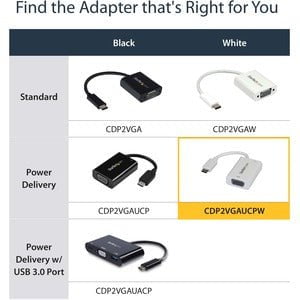 StarTech.com USB C to VGA Adapter with 60W Power Delivery Pass-Through - 1080p USB Type-C to VGA Video Converter w/ Charging - White - 1 Pack - 1 x 24-pin USB Type C - Male - 1 x 15-pin HD-15 - Female, 1 x 24-pin USB Type C Power - Female - White IM3638552