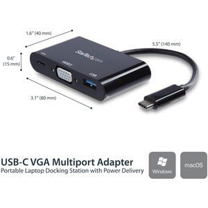 StarTech.com USB-C VGA Multiport Adapter - USB-A Port - with Power Delivery (USB PD) - USB C Adapter Converter - USB C Dongle - for Notebook/Tablet PC - 60 W - USB Type C - 3 x USB Ports - 3 x USB 3.0 - USB Type-C - VGA - Thunderbolt - Wired IM3494761