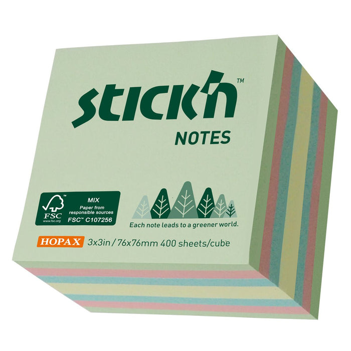 Stick'n FSC Cube 76x76mm 400 sheets Assorted Pastel CX200972