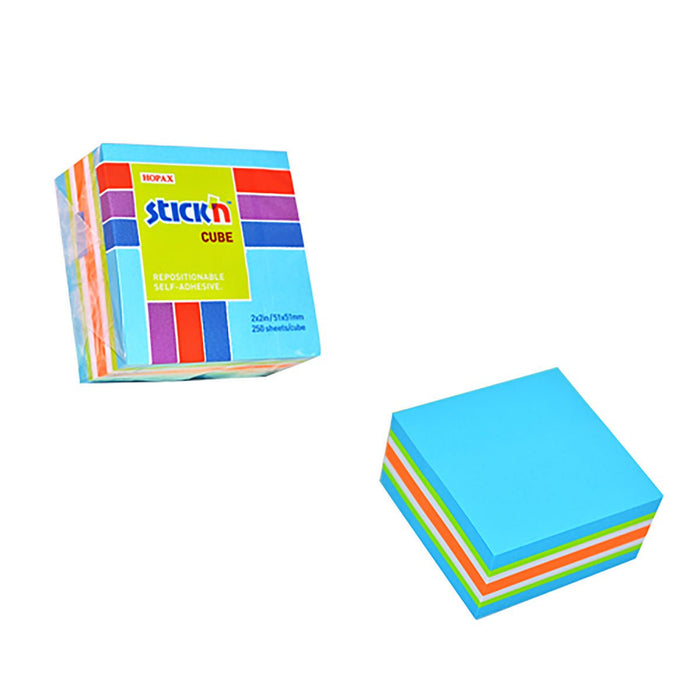 Stick'n Note Cube 51x51mm 250 Sheets Neon & Pastel Mix Blue Front CX200978