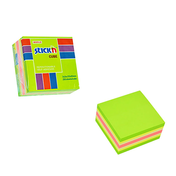Stick'n Note Cube 51x51mm 250 Sheets Neon & Pastel Mix Lime Front CX200977