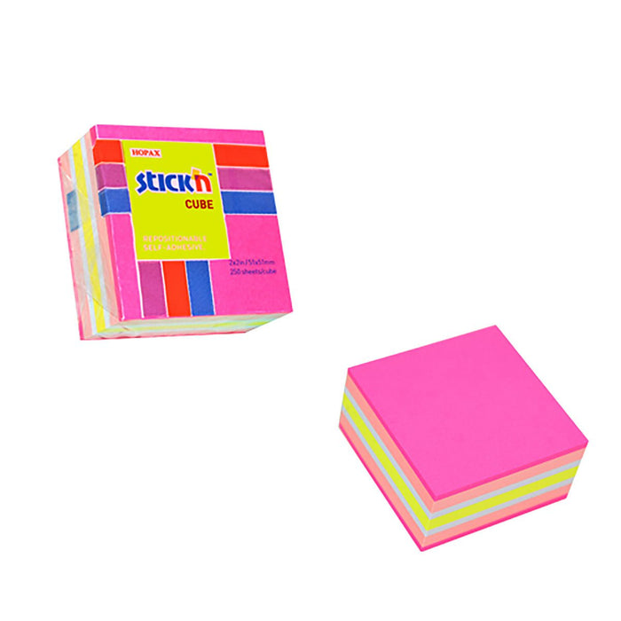 Stick'n Note Cube 51x51mm 250 Sheets Neon & Pastel Mix Magenta Front CX200976