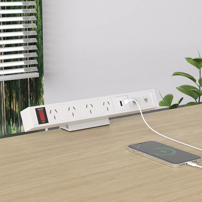 Sylex Desktop Power Board, 4 Power Points, 2 x RJ45 Data Port, 1 x USB-A, 1 x USB-C Port SY-FIOPBCM