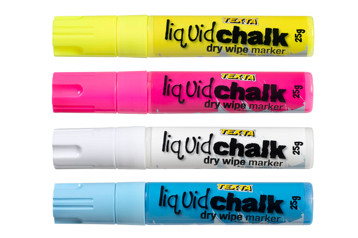 Texta Chalk Marker Assorted Colours 4's Pack, Dry Wipe, Chisel Tip AO0400580