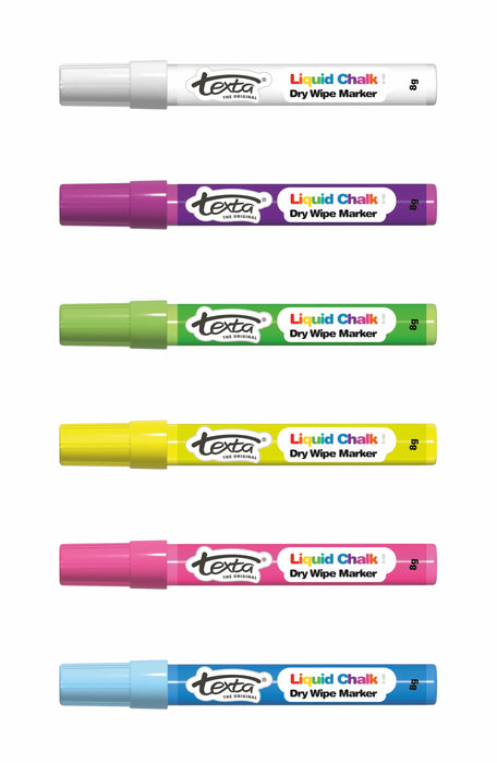 Texta Chalk Marker Assorted Colours 6's Pack, Dry Wipe, Bullet Tip AO0400570