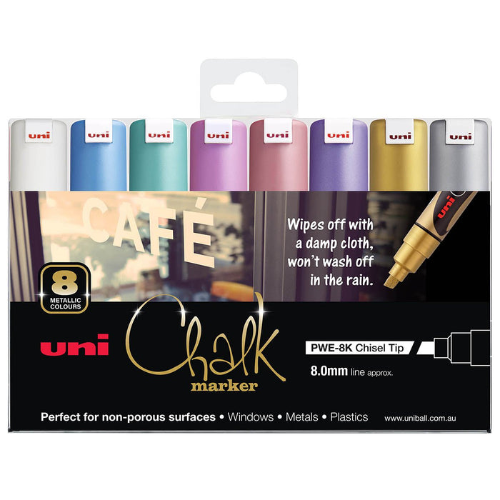 Uni Chalk Marker 8.0mm Bold Chisel Tip 8 Pack Metallic PWE-8K CX249790