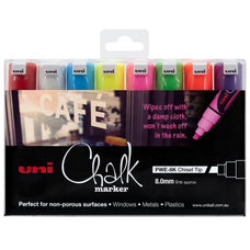 Uni Chalk Marker 8.0mm Chisel Tip 8 Pack Assorted Colours (PWE-8K) CX249789