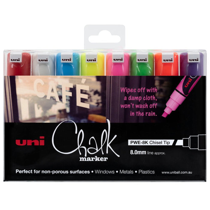 Uni Chalk Marker 8.0mm Chisel Tip 8 Pack Assorted Colours (PWE-8K) CX249789