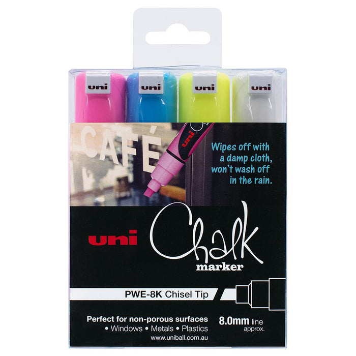 Uni Chalk Marker Chisel Tip Assorted Colour - 4's Pack CX250202