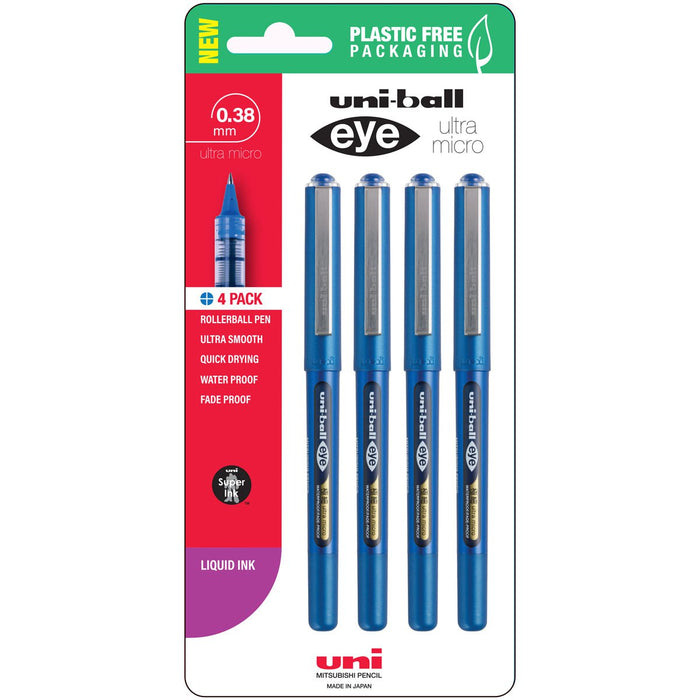 Uni Eye 0.38mm Ultra Micro Capped Blue Rollerball Pen, 4's pack CX250346