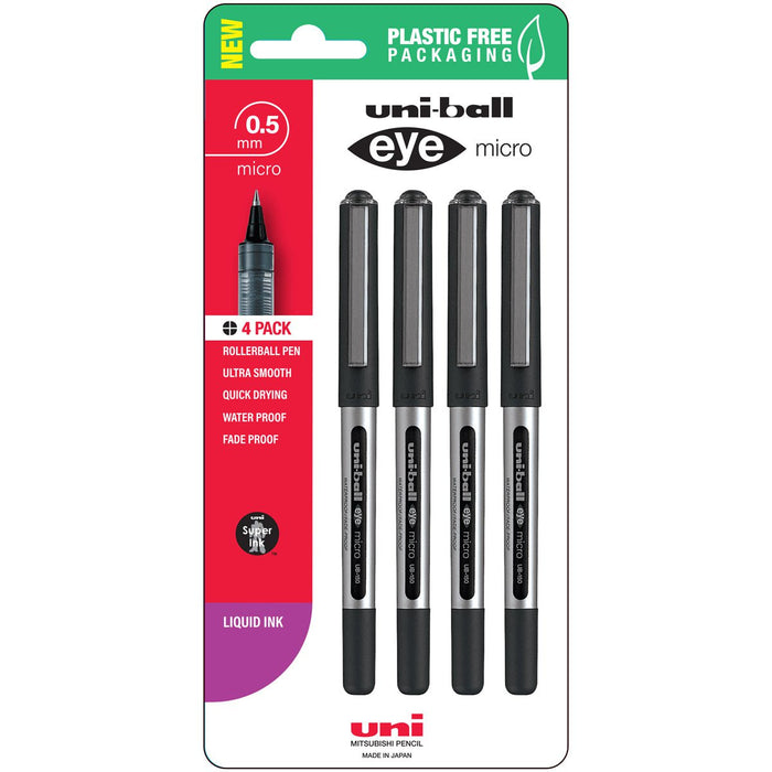 Uni Eye 0.5mm Micro Capped Black Rollerball Pen, 4's pack CX250351