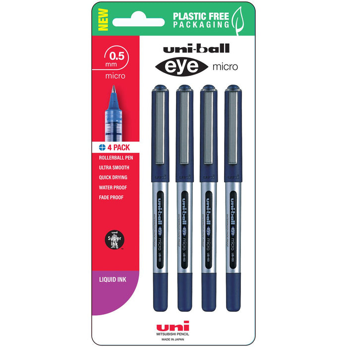 Uni Eye 0.5mm Micro Capped Blue Rollerball Pen, 4's pack CX250352