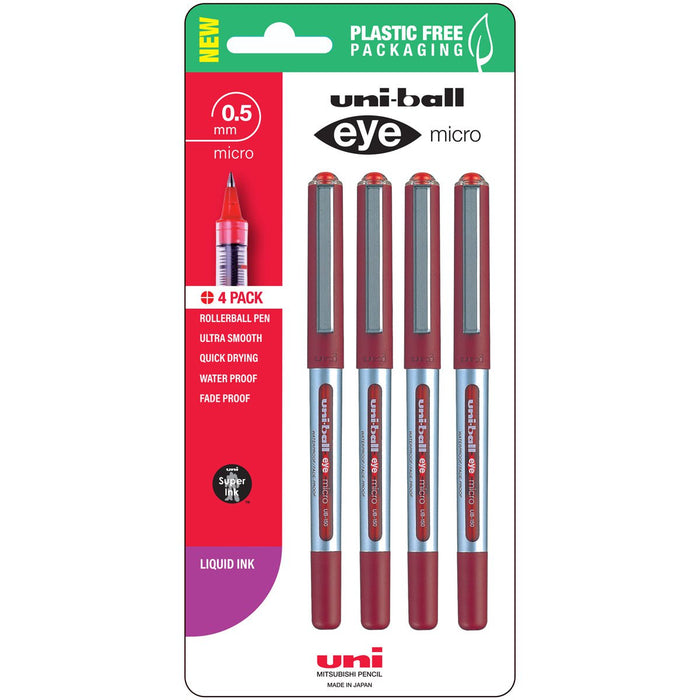 Uni Eye 0.5mm Micro Capped Red Rollerball Pen, 4's pack CX250353