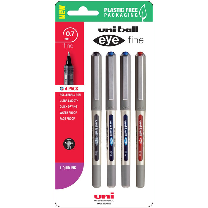 Uni Eye 0.7mm Fine Capped Assorted Rollerball Pen, 4's pack CX250355