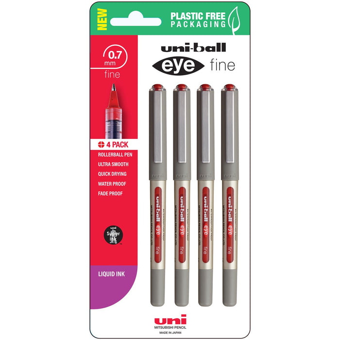 Uni Eye 0.7mm Fine Capped Red Rollerball Pen, 4's pack CX250358