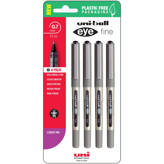 Uni Eye 0.7mm Fine Capped Rollerball Pen, Black 4's pack CX250356