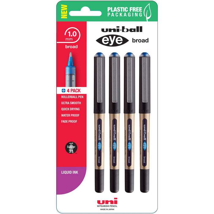 Uni Eye 1.0mm Broad Capped Blue Rollerball Pen, 4's pack CX250349