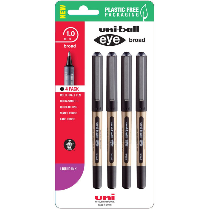 Uni Eye 1.0mm Broad Capped Rollerball Pen, Black 4's pack CX250348