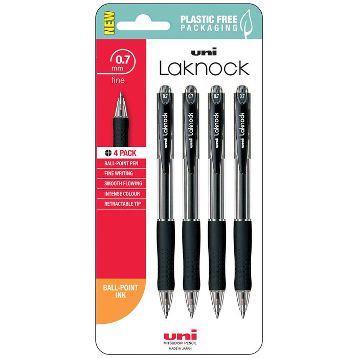 Uni Laknock 0.7mm Fine Retractable Black Hangsell Pk4 CX250333