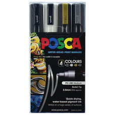 Uni Posca Marker  PC-5M 4 Pack Black, White, Gold & Silver CX250323
