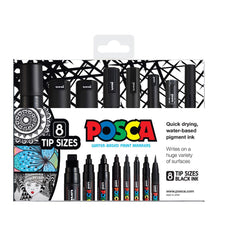Uni Posca Paint Marker Set, Black, PCWALLETBK, Assorted Tips, Set of 8 Black Markers CX250231