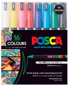 Uni Posca Paint Marker Set, PC-1MR, PC1MRx16, Set of 16 Markers, Standard Colours, Ultra Fine, 0.7mm CX250320
