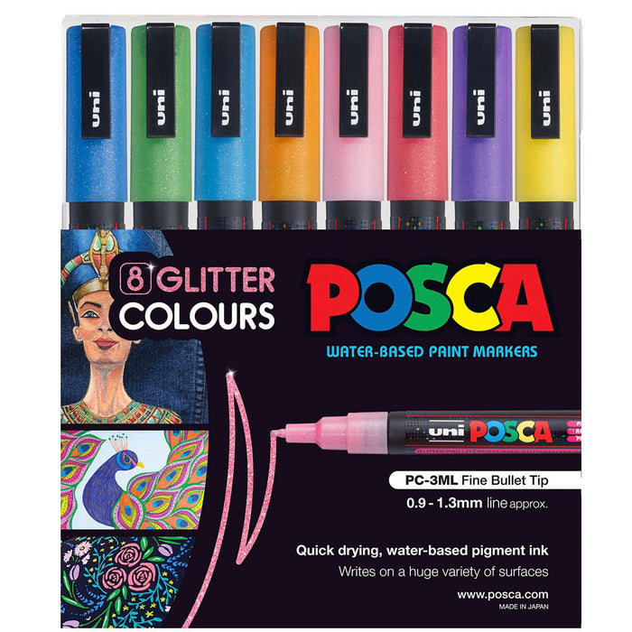 Uni Posca Paint Marker Set, PC-3M, Glitter Paint Markers, PC3MGL8C, Set of 8 Markers, Fine Tip, Assorted Colours, 0.9-1.3mm CX250240