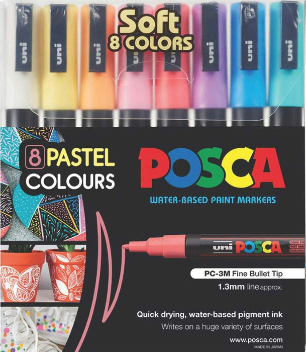 Uni Posca Paint Marker Set, PC-3M, Pastel Colours, Set of 8 Markers, PC3MSC8C, Fine Tip, Assorted Colours, 0.9-1.3mm CX249034
