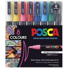 Uni Posca Paint Marker Set, PC-3M, PC3M8C, Set of 8 Markers, Fine Tip, Assorted Colours, 0.9-1.3mm CX249030