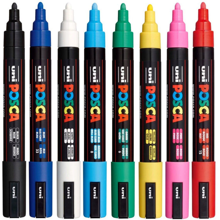 Uni Posca Paint Marker Set, PC-5M, Assorted Colours, Set of 8 Markers, PC5M8AOW, Medium Bullet Tip, 1.8-2.5mm CX249985