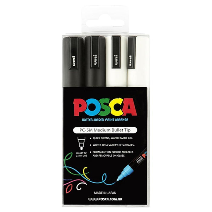 Uni Posca Paint Marker Set, PC-5M, Black & White, PC5M4PBKWH, Set of 4 Markers, Medium Bullet Tip, 1.8-2.5mm CX250107