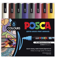 Uni Posca Paint Marker Set, PC-5M, Dark Colours, Set of 8 Markers, PC5MDC8C, Medium Bullet Tip, Assorted Colours, 1.8-2.5mm CX250239