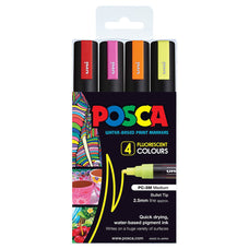 Uni Posca Paint Marker Set, PC-5M, Fluoro Colours, Set of 4 Markers, PC5MFL4P, Medium Bullet Tip, Assorted Colours, 1.8-2.5mm CX250238